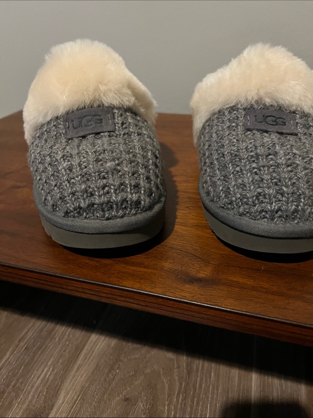 UGG Gray Knit Slippers with Cream Shearling Cuff